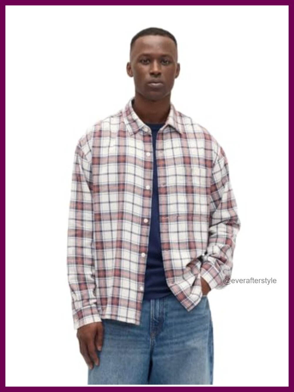 Long Sleeve Boxy Flannel Shirt Oversized Fit Plaid Button Down